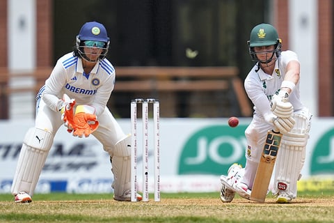 Laura Wolvaardt plays a shot against India